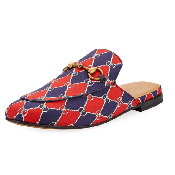 Gucci Mens Kings Horsebit Blue Red Rhombus Slip Slide Backless Loafer Flat G 8 9 - Picture 1 of 12